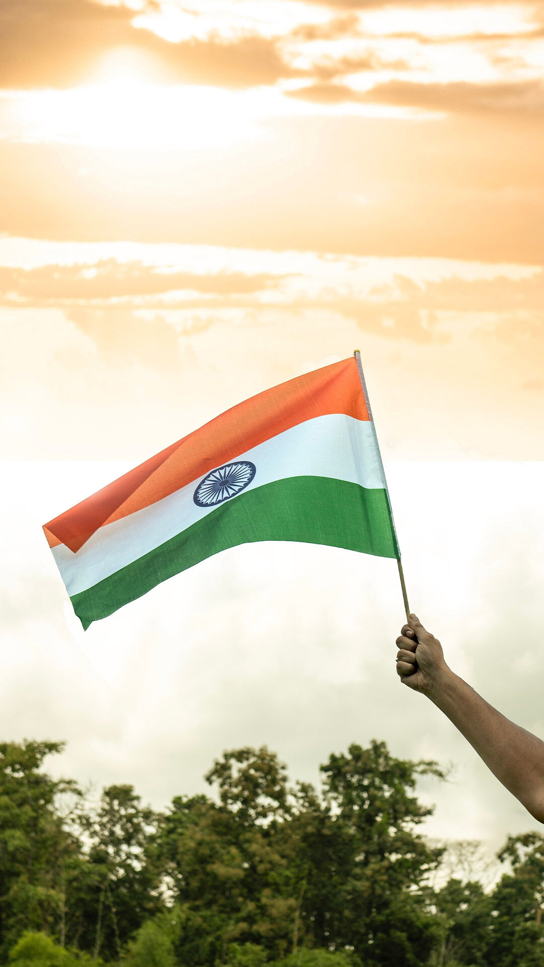 Hand holding the Indian national flag high against a bright sky and lush greenery, symbolizing patriotism and pride on Independence Day